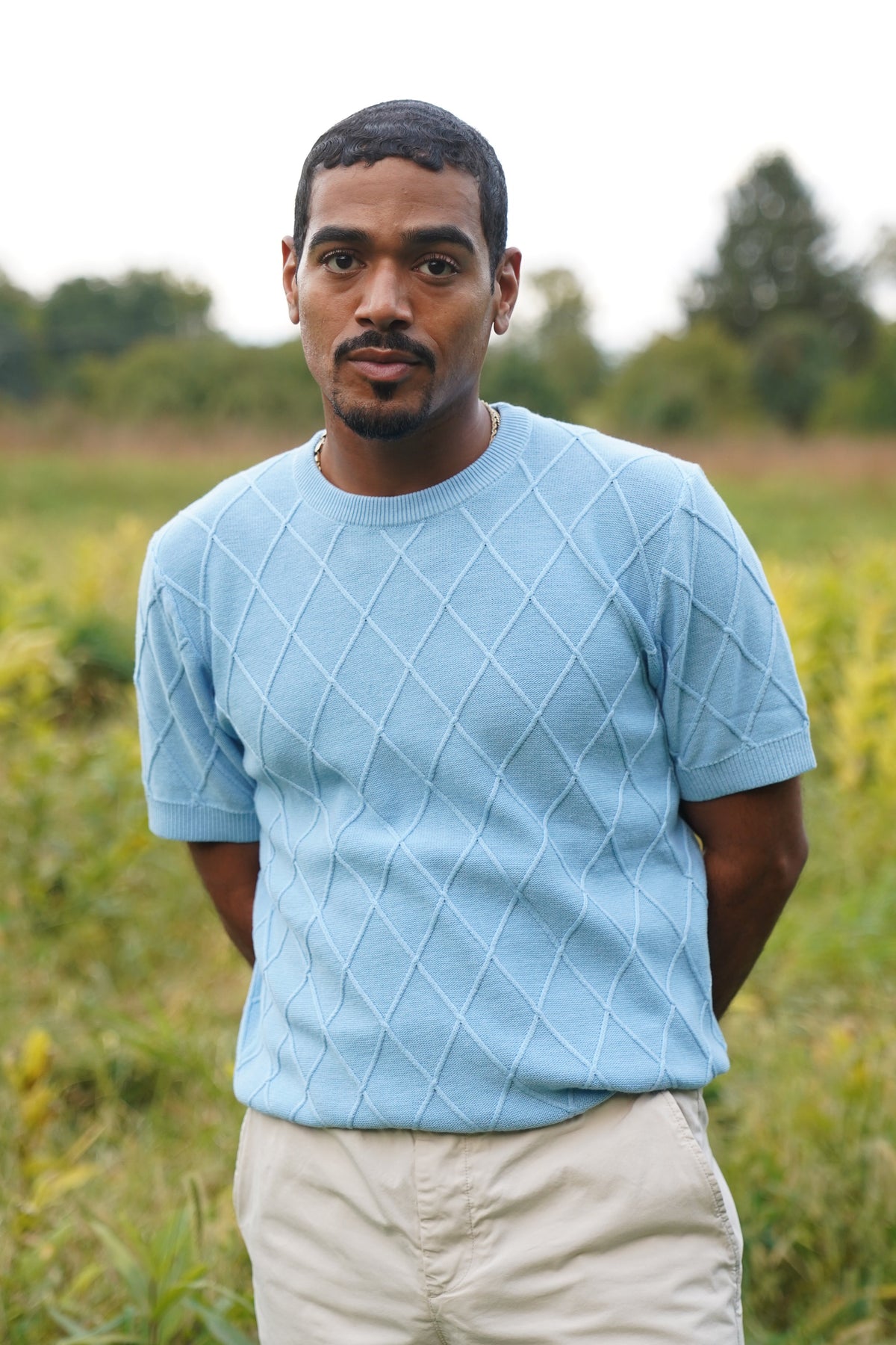 Diamond Knit Short-Sleeve Sweater (Light Blue)