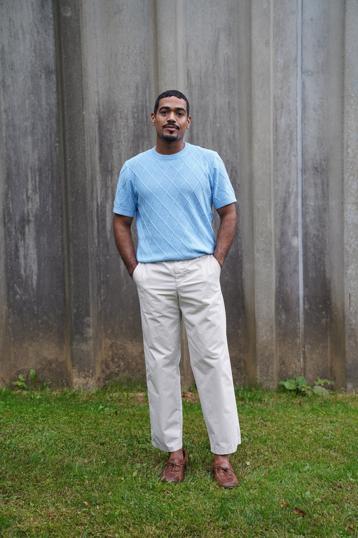 Diamond Knit Short-Sleeve Sweater (Light Blue)